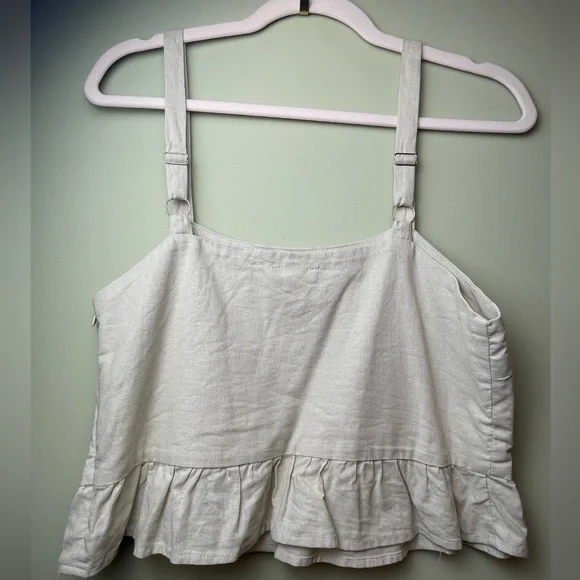 Linen Tank Ruffle Tan Beige Zip Up Side Adjustable Strap - Picture 4 of 8